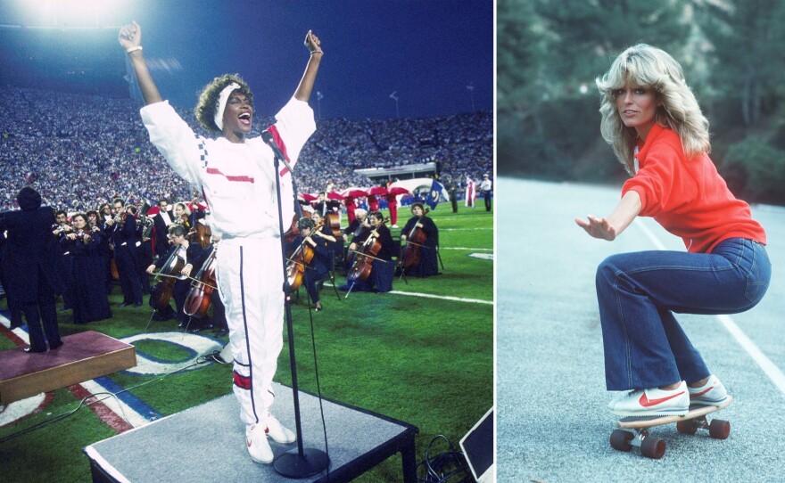 (L) Whitney Houston wore a pair of Nike Cortezes to sing the national anthem at the 1991 Super Bowl. (R) In an episode of Charlie's Angels, Farrah Fawcett is seen escaping on a skateboard while wearing Senorita Cortezes, a version of the shoe marketed to women.