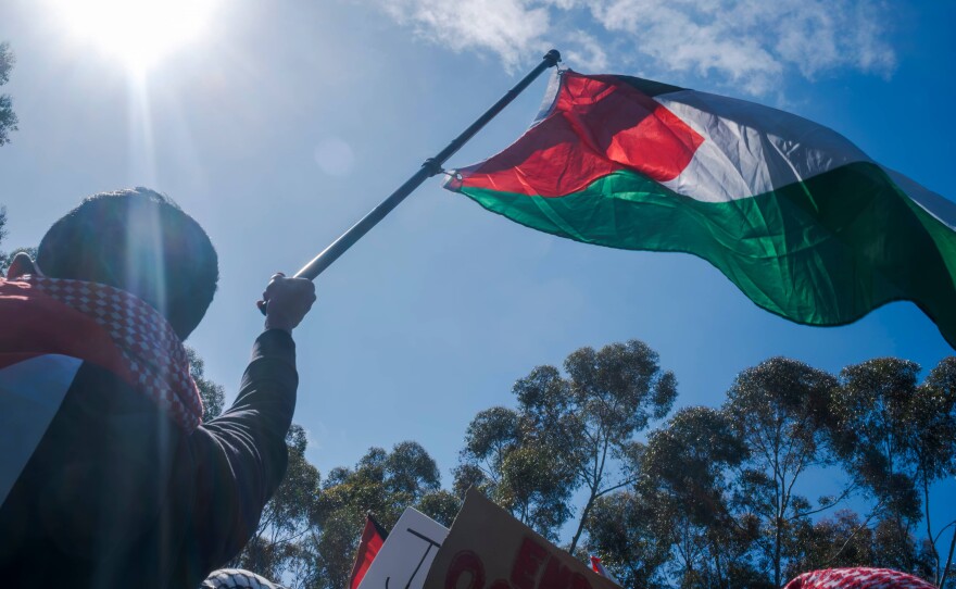 A pro-Palestinian protester waves the flag of Palestine at the UC San Diego Gaza solidarity encampment, May 5, 2024.