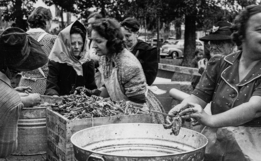 Women prepare the Southern food staple knows as chicken perlou (or pilau) at a cookout in Florida. What editor Katherine Kellock envisioned in America Eats was a chronicle of coast-to-coast cooking that would appeal to a broad spectrum of readers.