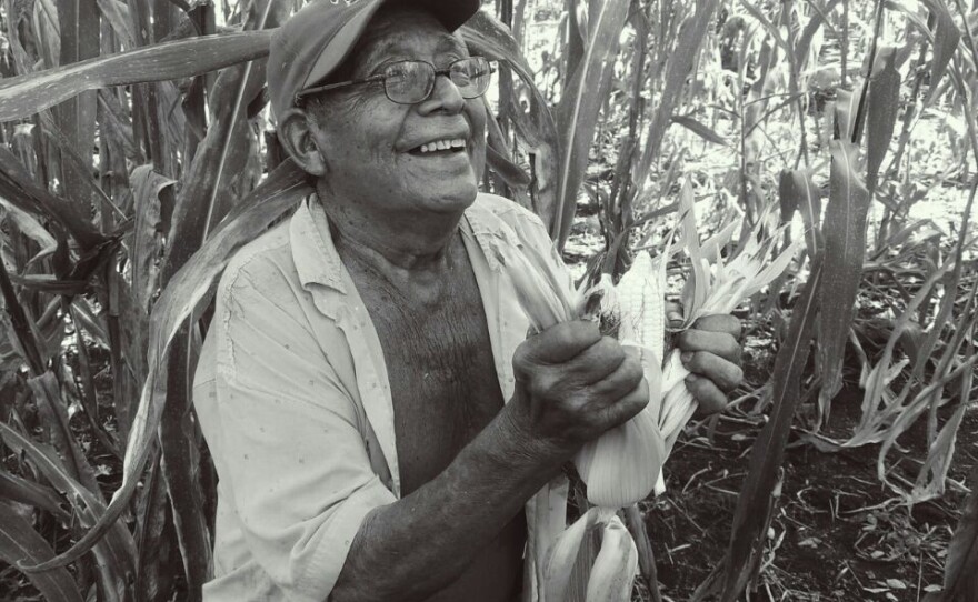 Dionisio Yam Moo beams while shucking corn that he harvested in October, 2016.