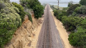 Train tracks skirt between bluffs and trees on Aug. 17, 2023 in Del Mar, Calif.