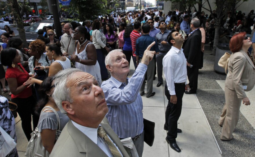 In Philadelphia, worried folks were pointing to broken windows after Tuesday's earthquake.