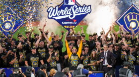 Milwaukee Brewers catcher William Contreras holds the MVP trophy after winning baseball's World Series against the Tampa Bay Rays, Wednesday, Oct. 28, 2026, in St. Petersburg, Fla.