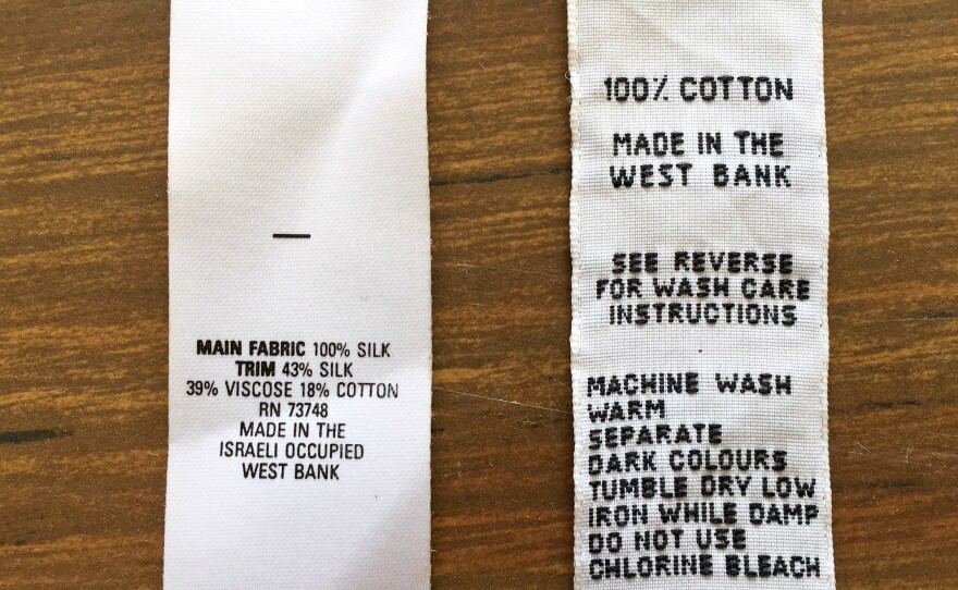 When the lingerie factory was operating, the U.S. said that West Bank products could be marked "Made in the Israeli Occupied West Bank" (left). European labels from that time marked Palestinian products "Made in the West Bank." The U.S. said that West Bank products could be marked "Made in the Israeli Occupied West Bank" (left). Old European labels say "Made in the West Bank."