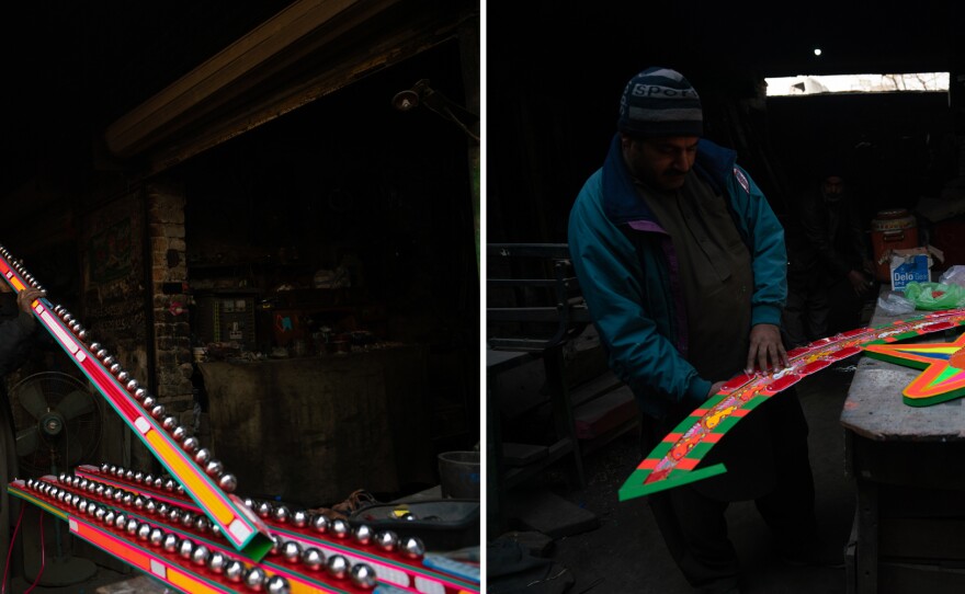 People put finishing touches on some artistic elements that will be added to truck decor, including bells for the back (left) and reflective plastic that will help the trucks stand out at night (right).