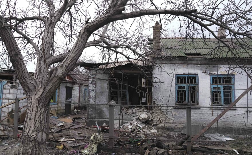 An apartment building is destroyed by shelling in Mariupol, Ukraine, on Monday.