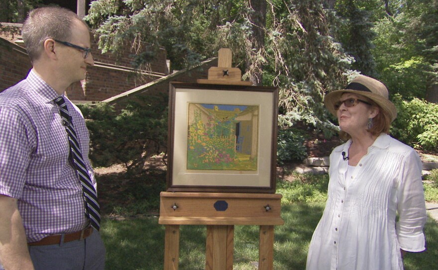 Nigel Freeman (left) appraises a Gustave Baumann print, ca. 1927 at Meadow Brook Hall in Rochester, Mich.