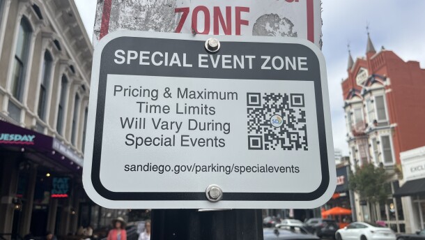 A "Special Event Zone" sign is attached to a light pole in San Diego's Gaslamp Quarter, Aug. 15, 2025.