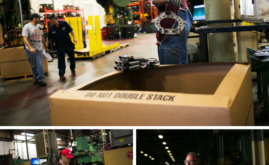 (Top) Workers on the factory floor at Pentaflex, a manufacturer of parts for heavy trucks, in Springfield. (Left) Kelly Curtis assembles parts at Pentaflex. (Right) Ross McGregor, the company's executive vice president, says many of the company's processes have been automated.