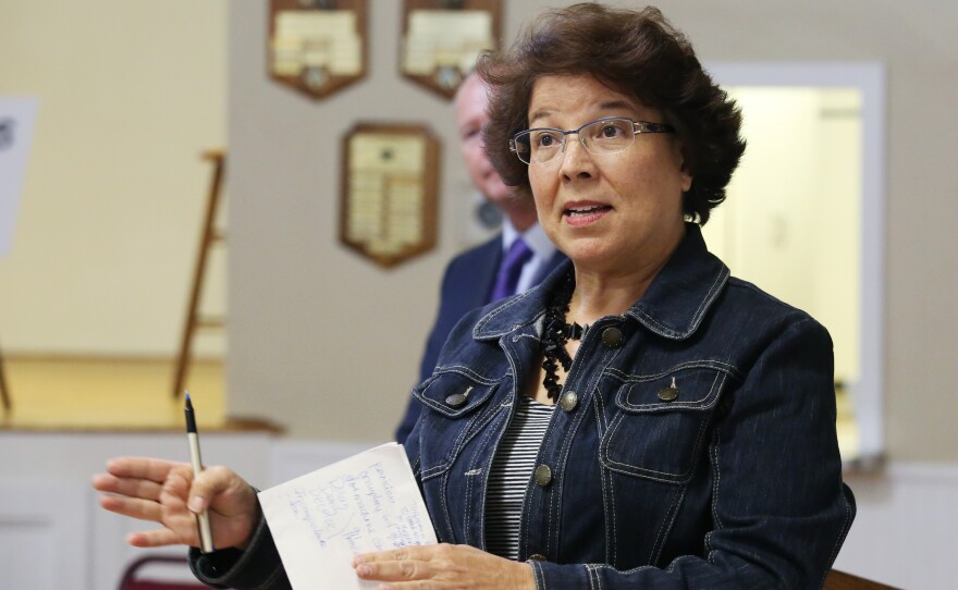 Mayoral candidate Lori Saldaña speaks to residents attending the Ocean Beach Town Council meeting on April 27, 2016.