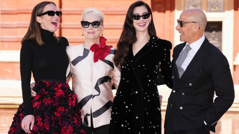 Emily Blunt, from left, Meryl Streep, Anne Hathaway and Stanley Tucci pose for photographers at the photo call for the film "The Devil Wears Prada 2" in London, Friday, April 24, 2026.