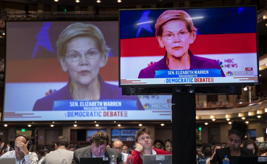 Sen. Elizabeth Warren of Massachusetts controlled the Democratic presidential primary debate early with a progressive policy pitch.