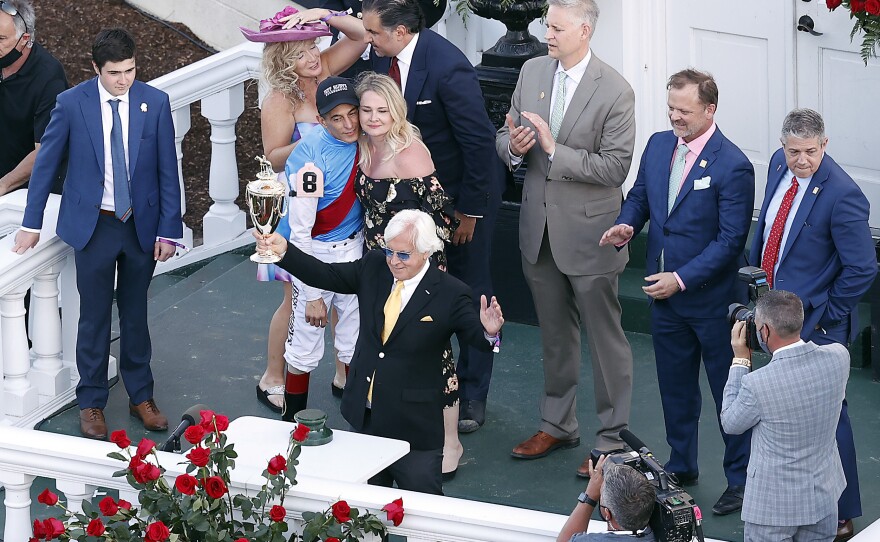 Bob Baffert, trainer of Medina Spirit, at last year's Kentucky Derby. Baffert was suspended after Medina Spirit tested positive for an illegal substance following last year's race. As a result, Medina Spirit was disqualified.
