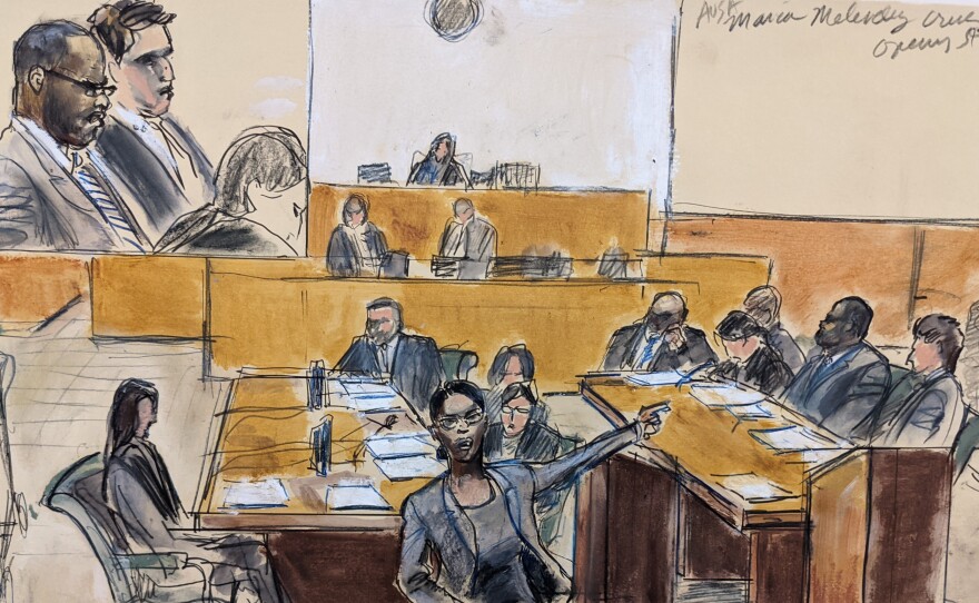 A courtroom artist sketch of opening arguments in the federal case against R. Kelly. Prosecutors called the pop star a "predator" who used his fame to lure girls, boys and women into becoming sex abuse victims.