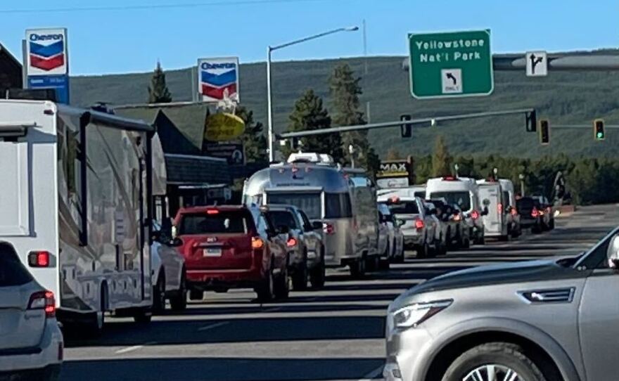 A traffic jam in West Yellowstone, Mont. as cars line up to enter Yellowstone National Park on Wednesday.