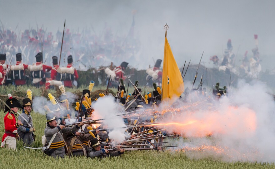 Re-enactors fire cannons during the bicentenary commemoration of the battle of Waterloo in Belgium this weekend.