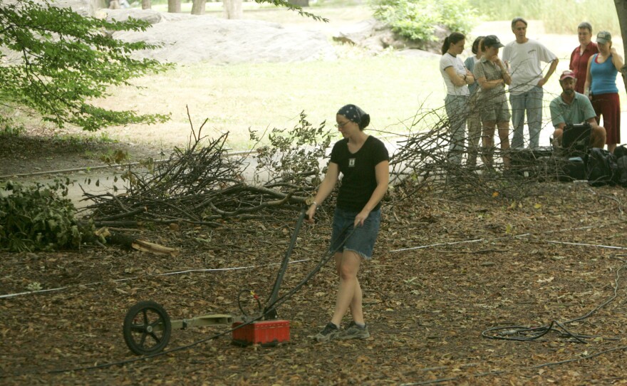 Archaeologists use ground-penetrating radar to survey the former site of Seneca Village in Central Park in 2005. The site was later excavated for artifacts in 2011.
