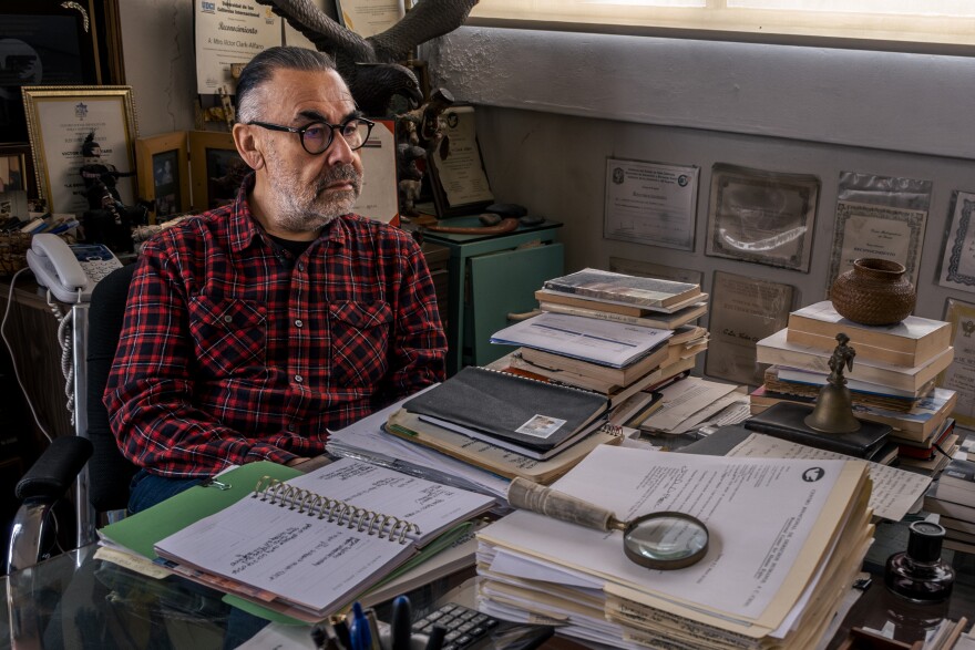 Human and drug smuggling researcher Victor Clark-Alfaro in his Tijuana office, March 30, 2023.<br/>