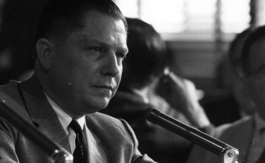 Jimmy Hoffa in 1958 testifying at a hearing investigating labor rackets.