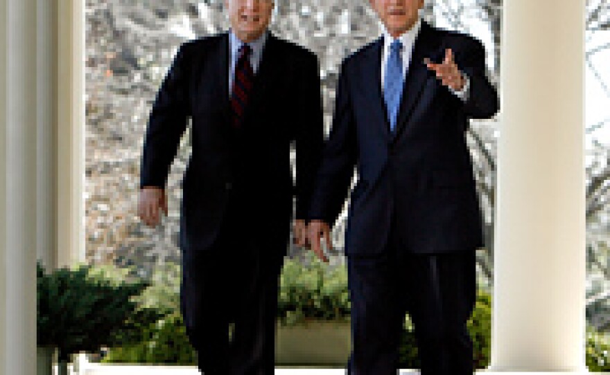 President Bush and Sen. John McCain walk from the Oval Office to the Rose Garden before Bush announced his endorsement of McCain for the Republican presidential nomination at the White House.