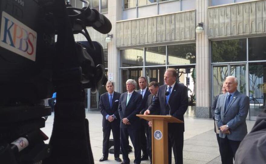 Mayor Kevin Faulconer is shown speaking during a press conference announcing a special election to decide on a possible new Chargers stadium in San Diego, June 8, 2015.