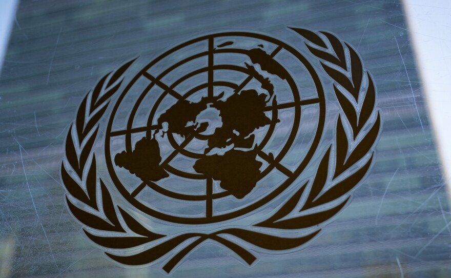 The symbol of the United Nations is displayed outside the Secretariat Building at U.N. headquarters.
