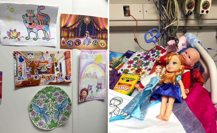 Toys and gifts for Ameera fill her hospital room. She has received care packages from around the U.S., including one from a kindergarten class in Texas.