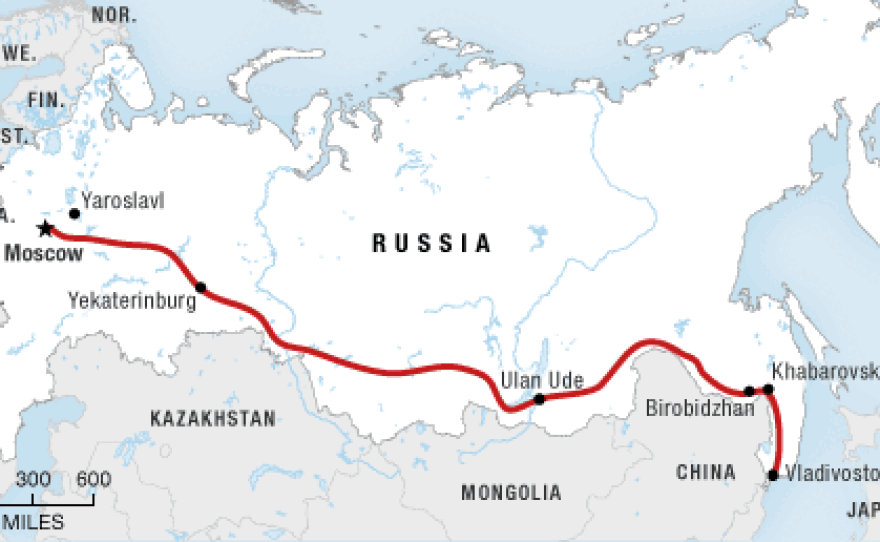 The route of the Trans-Siberian Railroad from Moscow to Vladivostok.