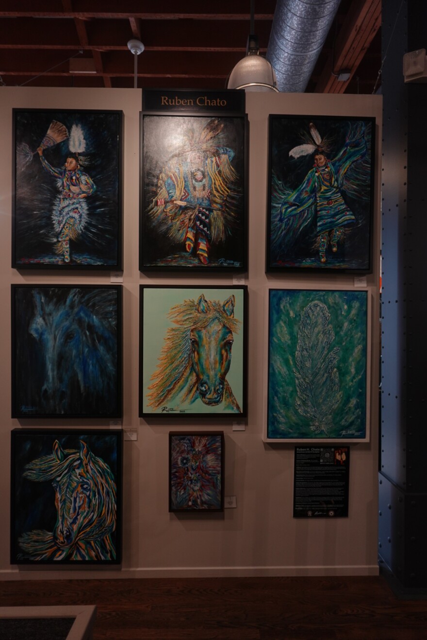 A wall of art by Ruben Chato Hinojosa inside Exclusive Collections Gallery for Native American Heritage Month on Nov. 10th, 2025.
