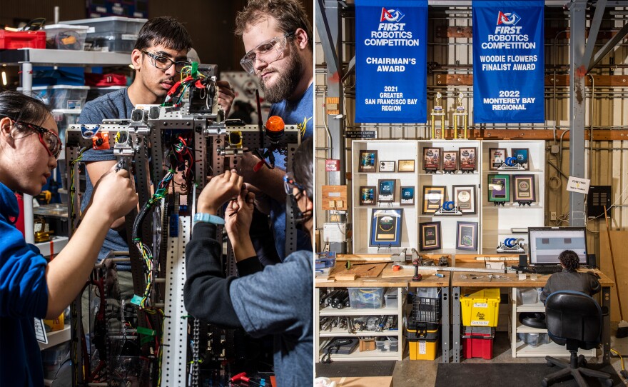 Team 299 Valkyrie Robotics of Cupertino, Calif., tend to their robot in the pit area at the 2023 San Francisco Regional; (left) the workshop for Girl Scout Space Cookies Team 1868 displaying many awards, including a couple of their recent prestigious blue banners.