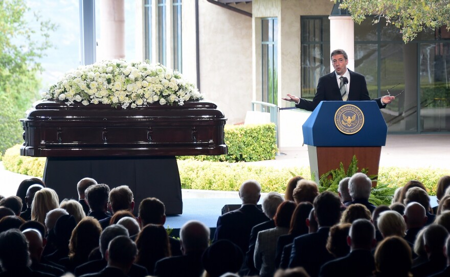 Ronald Prescott Reagan speaks during his mother's funeral service on Friday.
