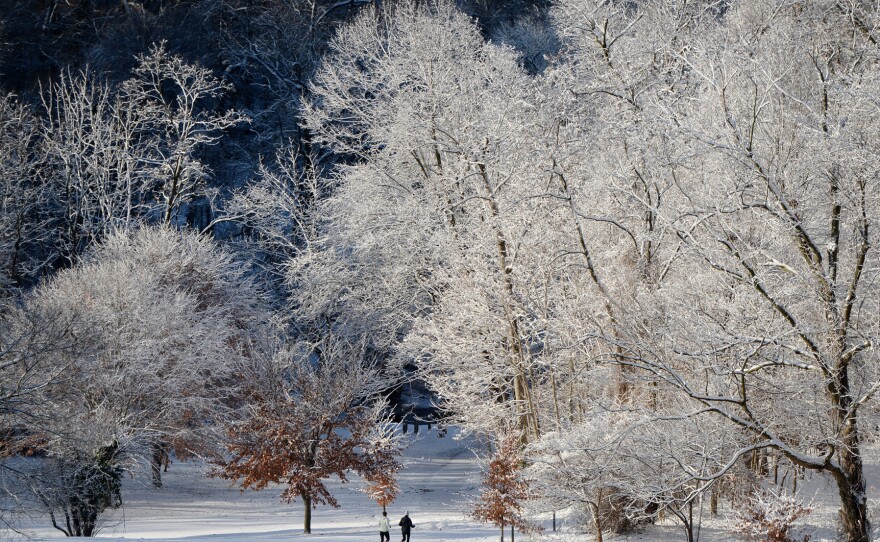 Joggers run through snow-covered Rock Creek Park, in Washington, D.C.