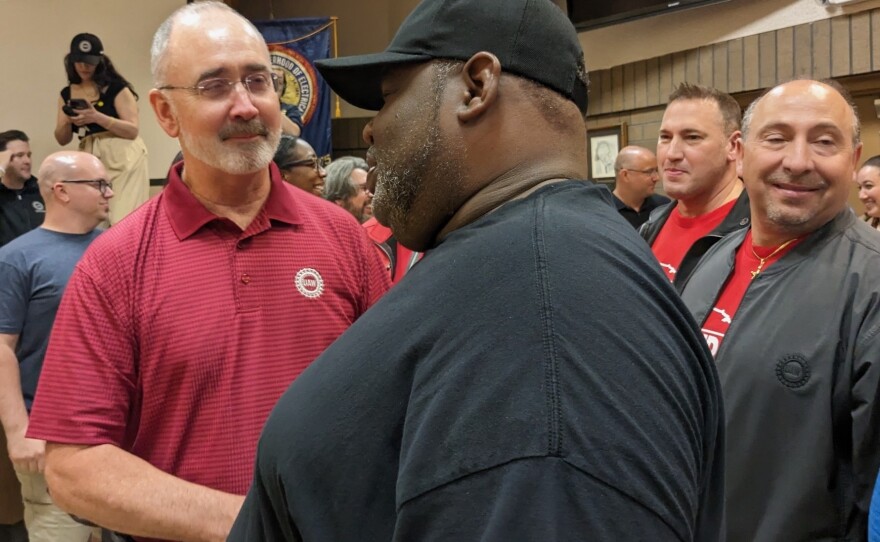 UAW President Shawn Fain speaks with Volkswagen workers at a union watch party in Chattanooga, Tenn., on April 19, 2024.