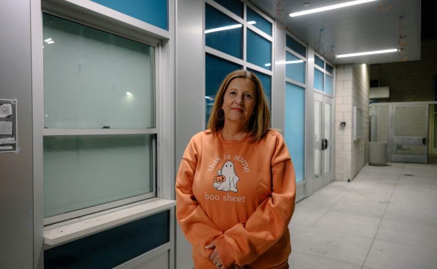 Jackie Naah, a teacher at Valhalla High School, stands for a portrait outside a meeting of the Grossmont Union High School District governing board at Grossmont High School in El Cajon, California on Oct. 9, 2025. The board discussed several controversial issues, including proposals on religious expression in schools, library leadership changes and rules regarding protests at board meetings.