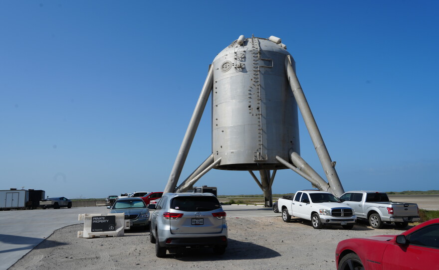 A Starhopper, an early prototype of a SpaceX rocket to test engines, sits in the company's complex in south Texas.