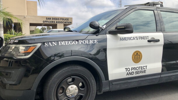 A San Diego Police car is parked in front of their union building, May 3, 2022.