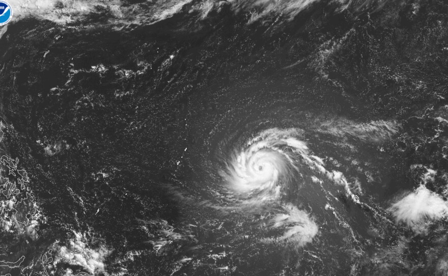 This satellite image from the National Oceanic and Atmospheric Administration shows Typhoon Bavi east of the U.S. Pacific island territory of Guam on Friday, July 3, 2026.