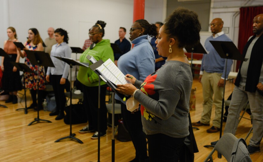 The chorus of "Emmett Till, the Opera" reherses at Ripley-Grier Rehearsals in New York, NY on March 17, 2022.