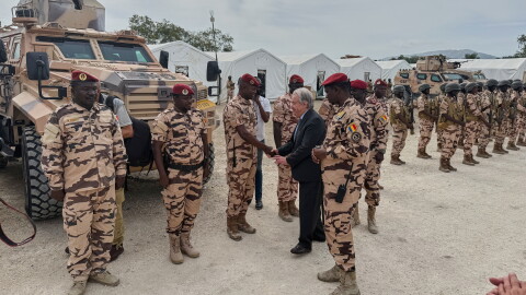 UN Secretary-General Antonio Guterres greets soldiers from Chad at a base in Port-au-Prince, Haiti, Tuesday, June 16, 2026.