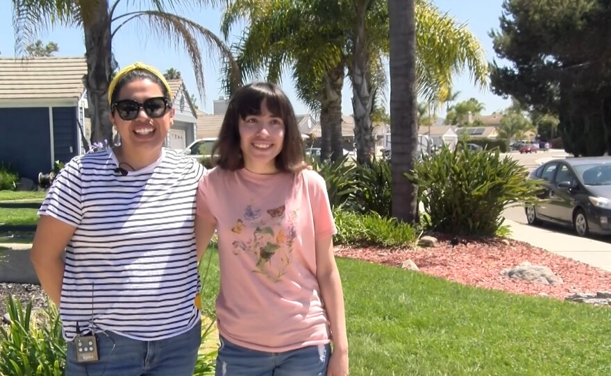 Rosa Padilla, left, and her daughter, Denise Padilla, right, stand outside of Paige's Pantry in Oceanside where Denise is a volunteer, June 25, 2021.