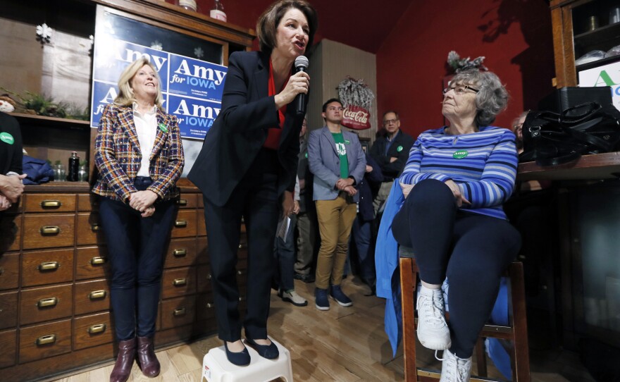 Democratic presidential candidate Sen. Amy Klobuchar, D-Minn., speaks during a stop at the Corner Sundry in Indianola, Iowa. Klobuchar has now visited all 99 counties in Iowa.