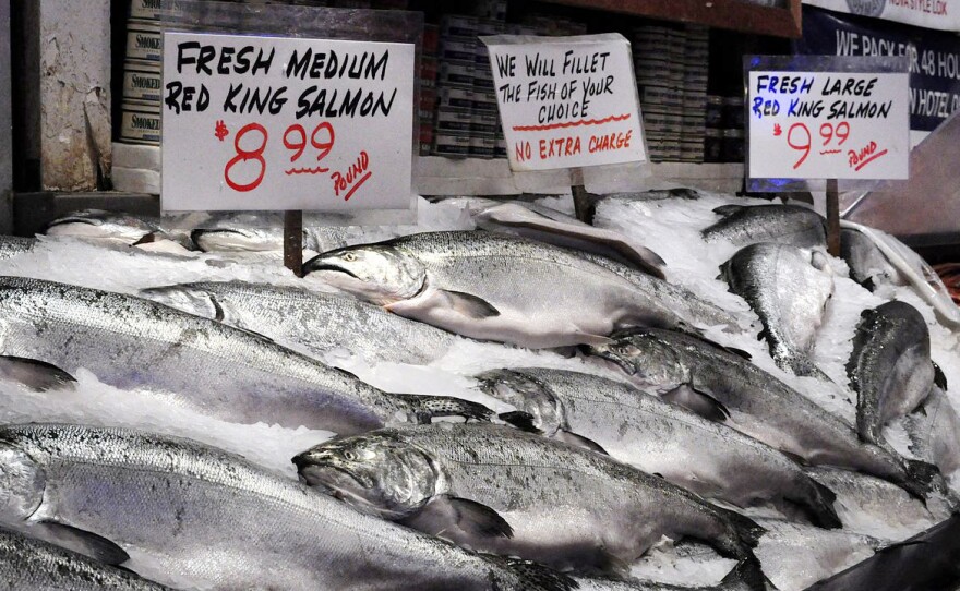 Salmon for sale at a market.