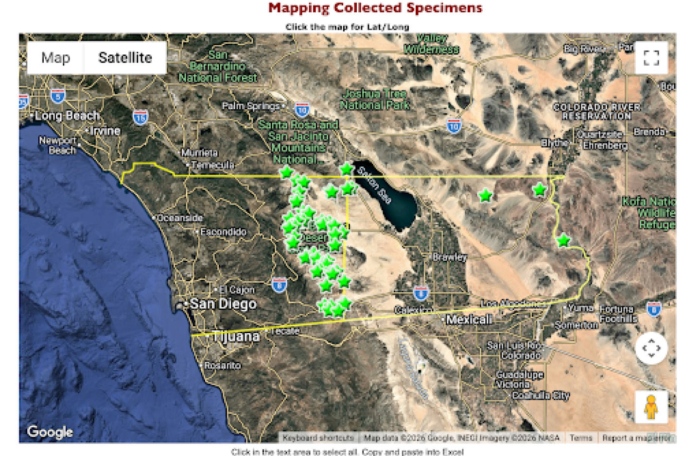 A map showing SDNHM's collected specimens of California Barrel Cactus (Ferocactus cylindraceus) in the region.