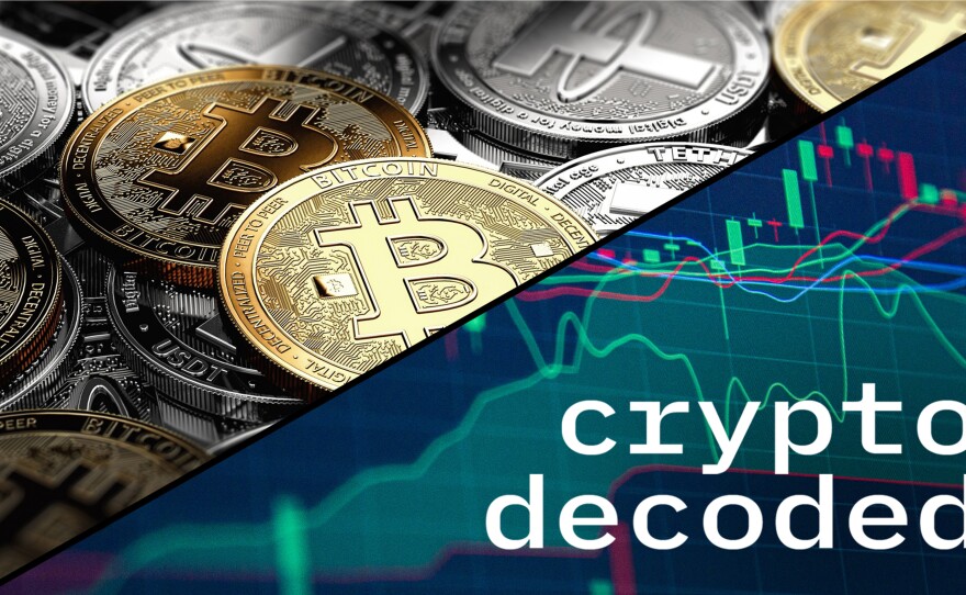 Crypto currency coins © Coyz0/Shutterstock / Stock Market Chart © xalien/Shutterstock