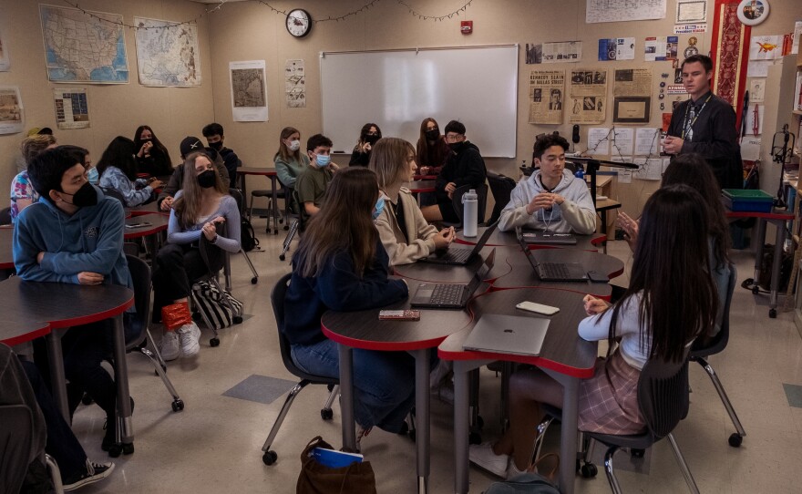 Twelfth graders in Stuart Polloch's U.S. Government class at Canyon Crest Academy learn about the Ukrainian war, San Diego March 15, 2022.