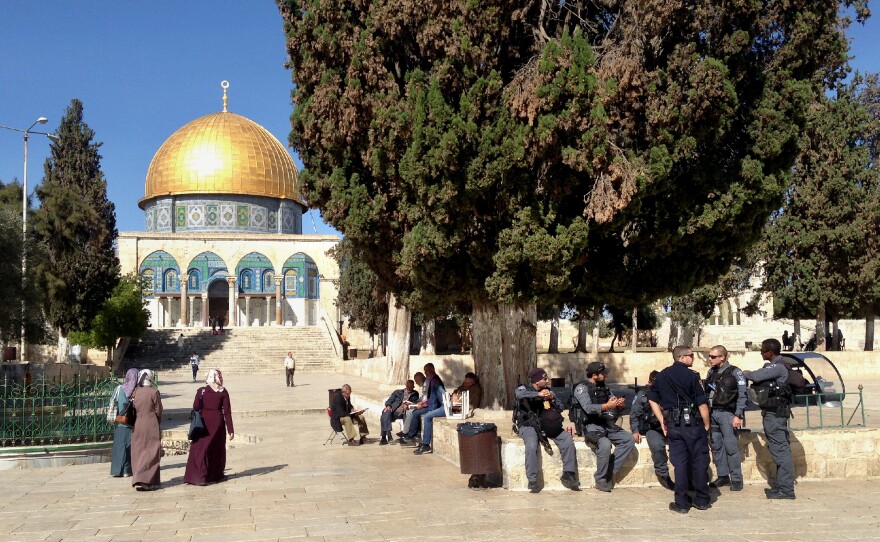During visiting hours for non-Muslims, Israeli police patrol the holy site, which sits on a Jerusalem hilltop.