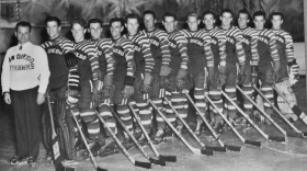 San Diego Skyhawks players pose for an on-ice team photo in the late 1940s.