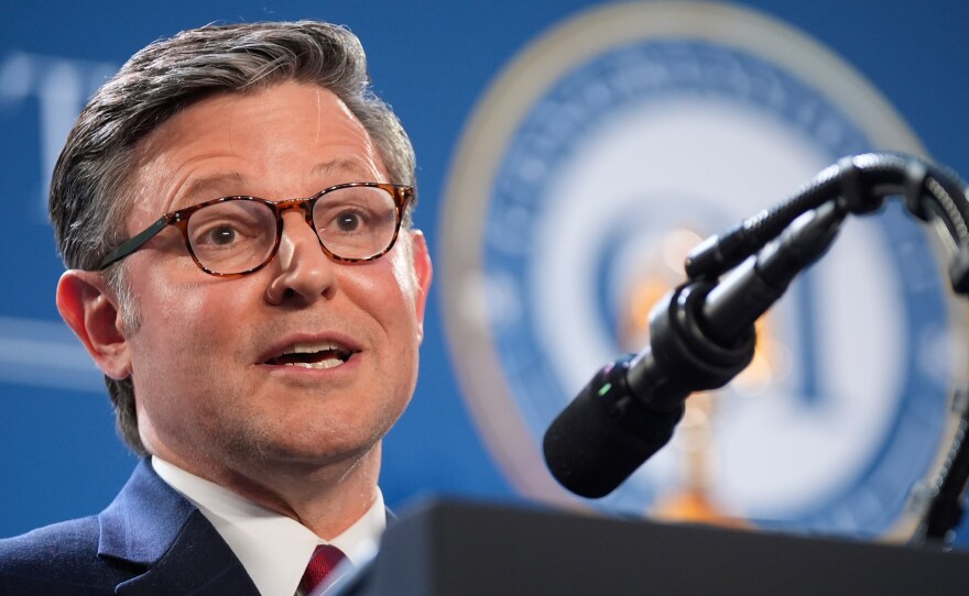 House Speaker Mike Johnson, R-La., speaks at the Republican Members Issues Conference on March 9, 2026, at Trump National Doral Miami in Doral, Fla. Johnson told reporters at the conference that recent anti-Muslim rhetoric has been animated by concerns about Sharia law.