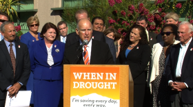Gov. Jerry Brown, along with a coalition of bipartisan lawmakers and leaders, rallies support for Propositions 1 and 2 at the San Diego County Water Authority, October 29, 2014. 