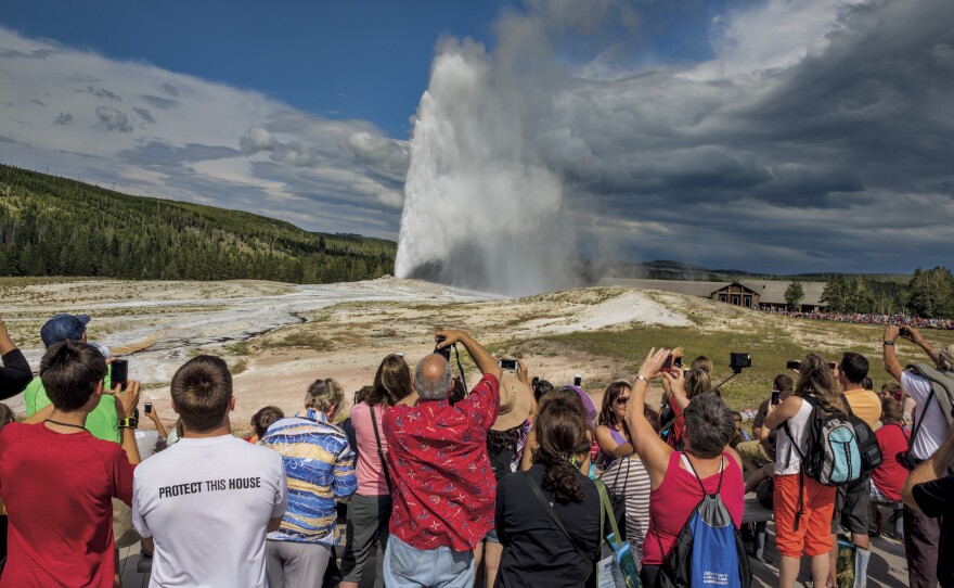 Almost like clockwork, every 60 to 110 minutes, Old Faithful shoots out a jet of steam and hot water up to 184 feet high. In summer the nearby parking lot fills and empties at about the same pace. Yellowstone Superintendent Dan Wenk says, "One of the great fears of every superintendent of Yellowstone is that Old Faithful will stop erupting when they're superintendent."